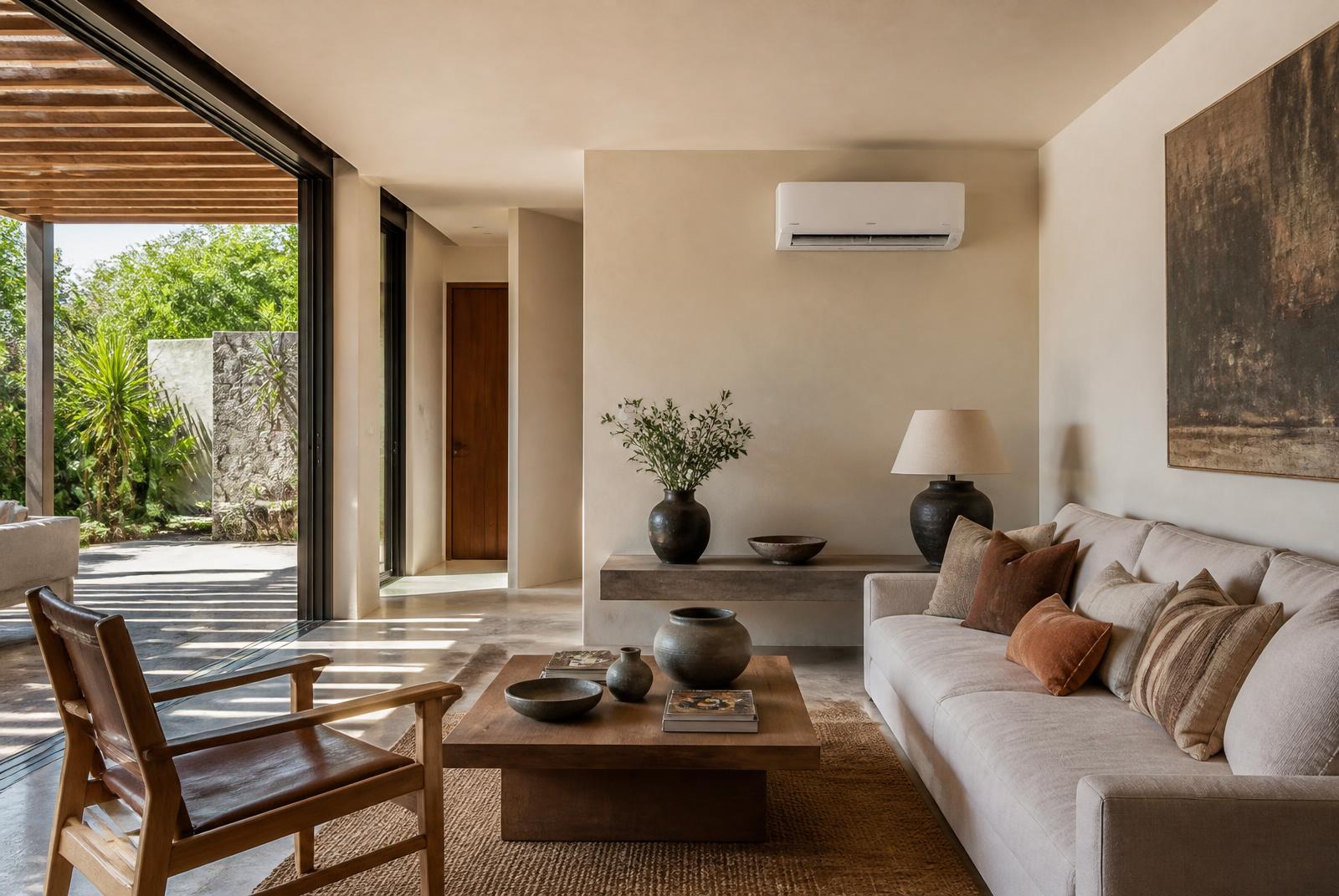 Sala residencial contemporánea con equipo de aire acondicionado tipo minisplit instalado
